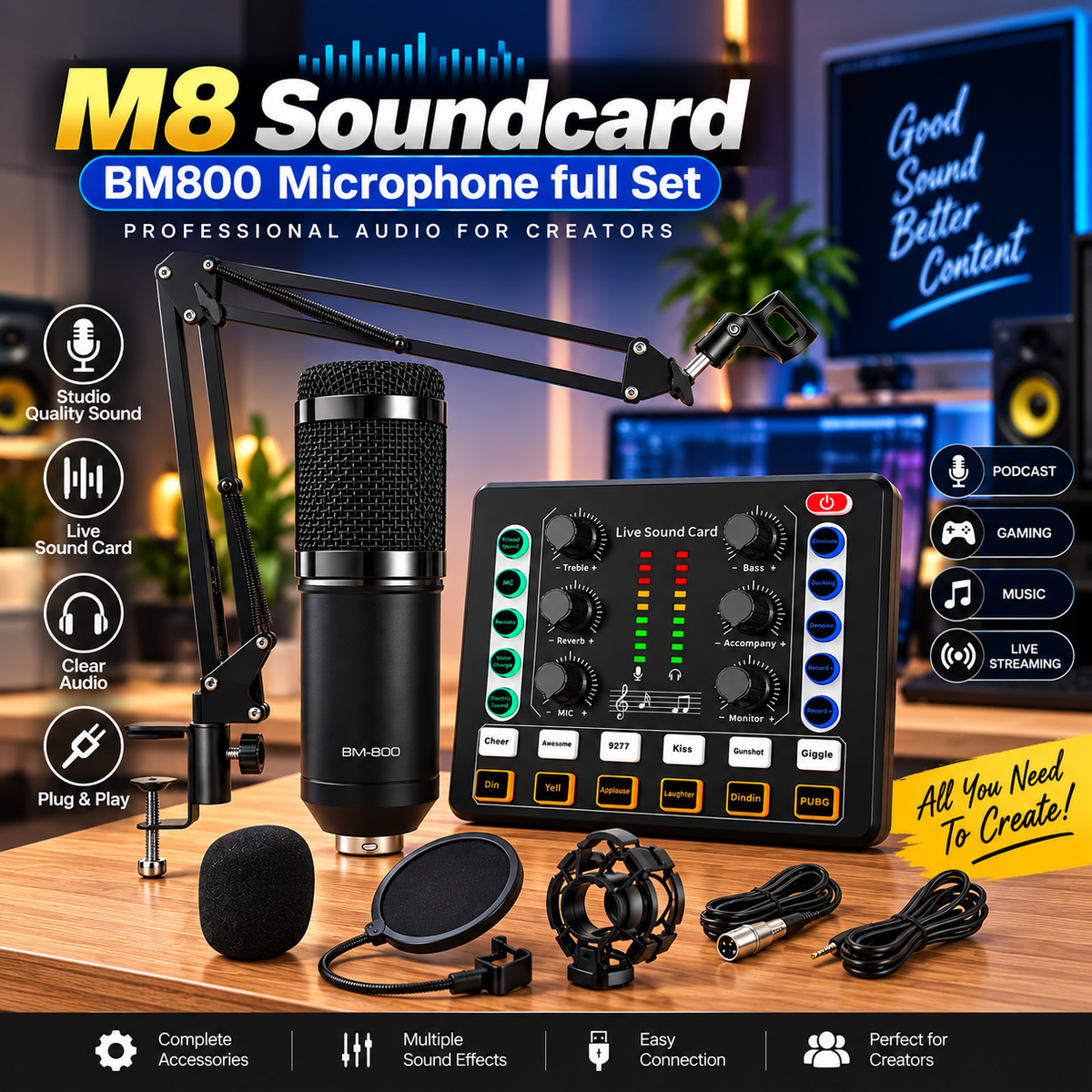 M8 Soundcard with BM800 Microphone Full Set – Professional Studio Equipment with Mic Arm,Bluetooth for Podcast,Streaming,Singing,PC
