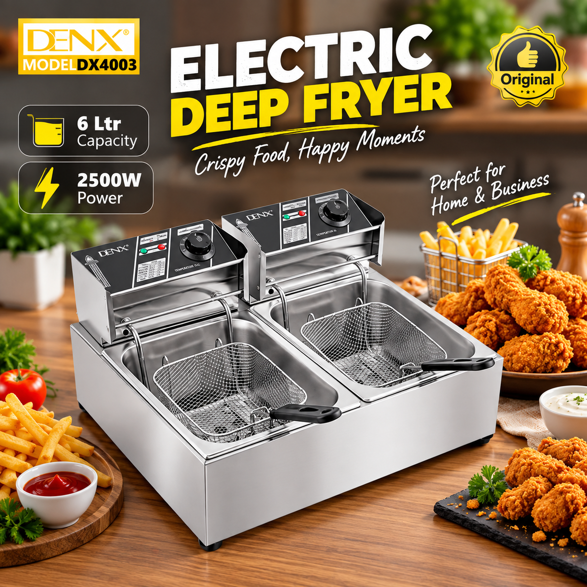 DENX DX4003 Electric Deep Oil Fryer With Double Basket 6L, 2500W Jumbo Size Adjustable Temperature & Timer, Removable Oil Container