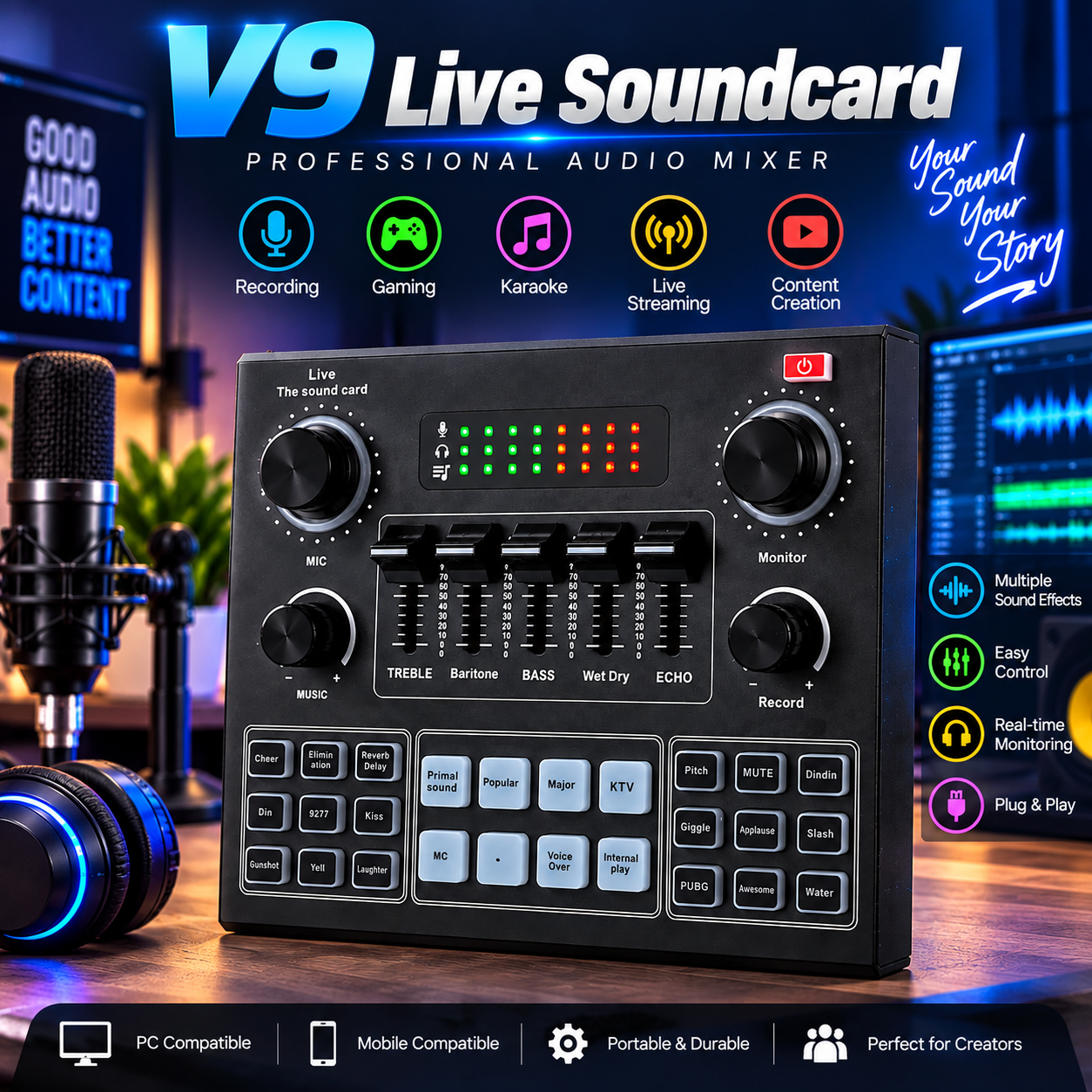 V9 Live Sound Card  Professional Audio Mixer for Live Streaming, Gaming & Karaoke ,Broadcast Audio Interface, External Stereo Audio Mixer Broadcast Bluetooth Sound Mixer Live Sound Card