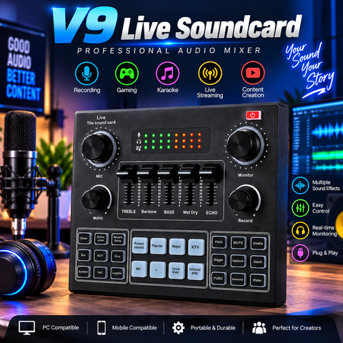 V9 Live Sound Card  Professional Audio Mixer for Live Streaming, Gaming & Karaoke ,Broadcast Audio Interface, External Stereo Audio Mixer Broadcast Bluetooth Sound Mixer Live Sound Card