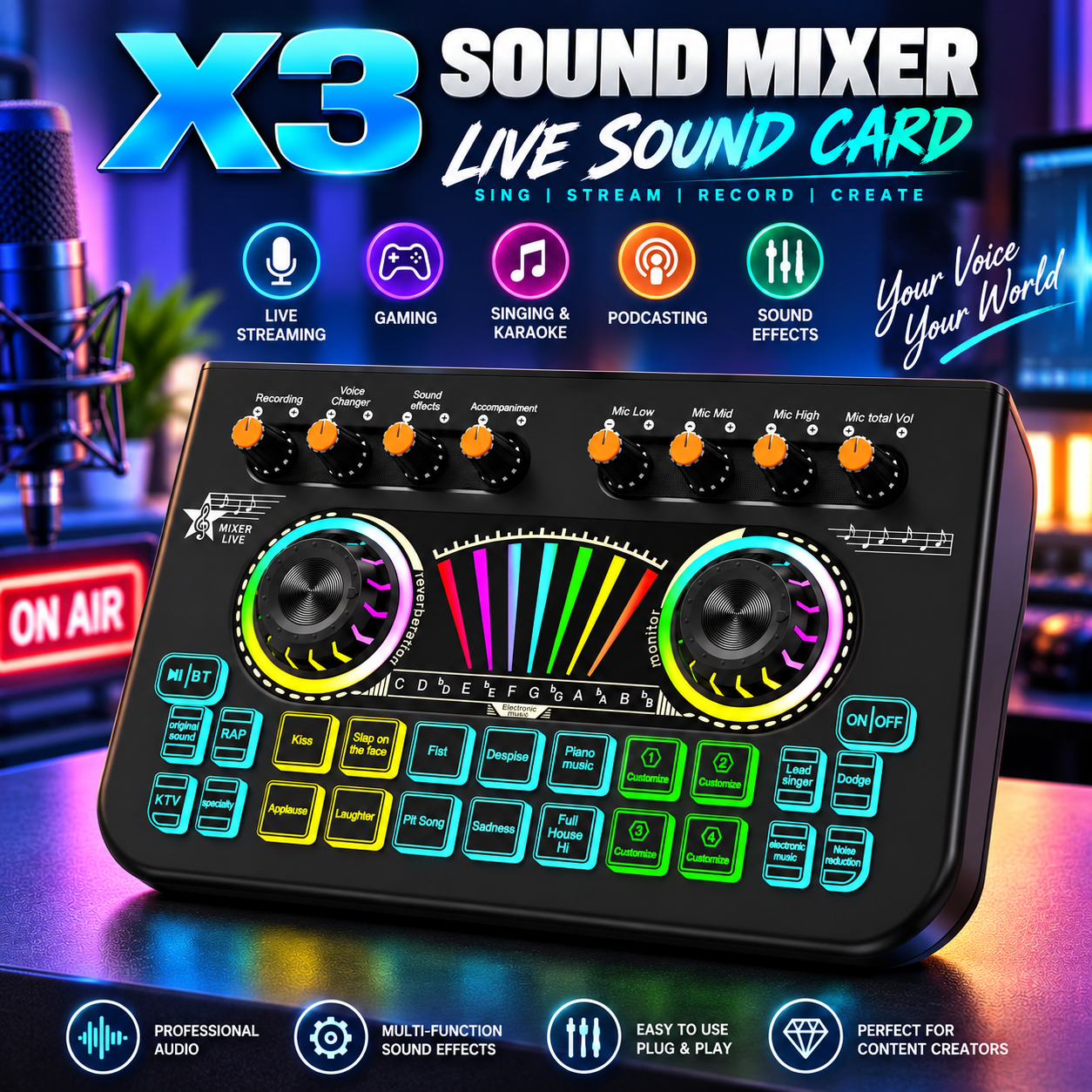 X3 Digital Audio Mixer – Live Sound Card with Voice Changer Noise Reduction, Compatible with 3.5mm/6.35mm Microphones, Adjustable Reverb Custom Sound Effects for Streaming, Gaming Podcasting