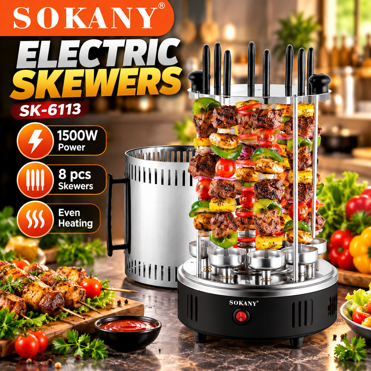 SOKANY SK-6113 Electric Skewer Grill – 8 Skewers Included