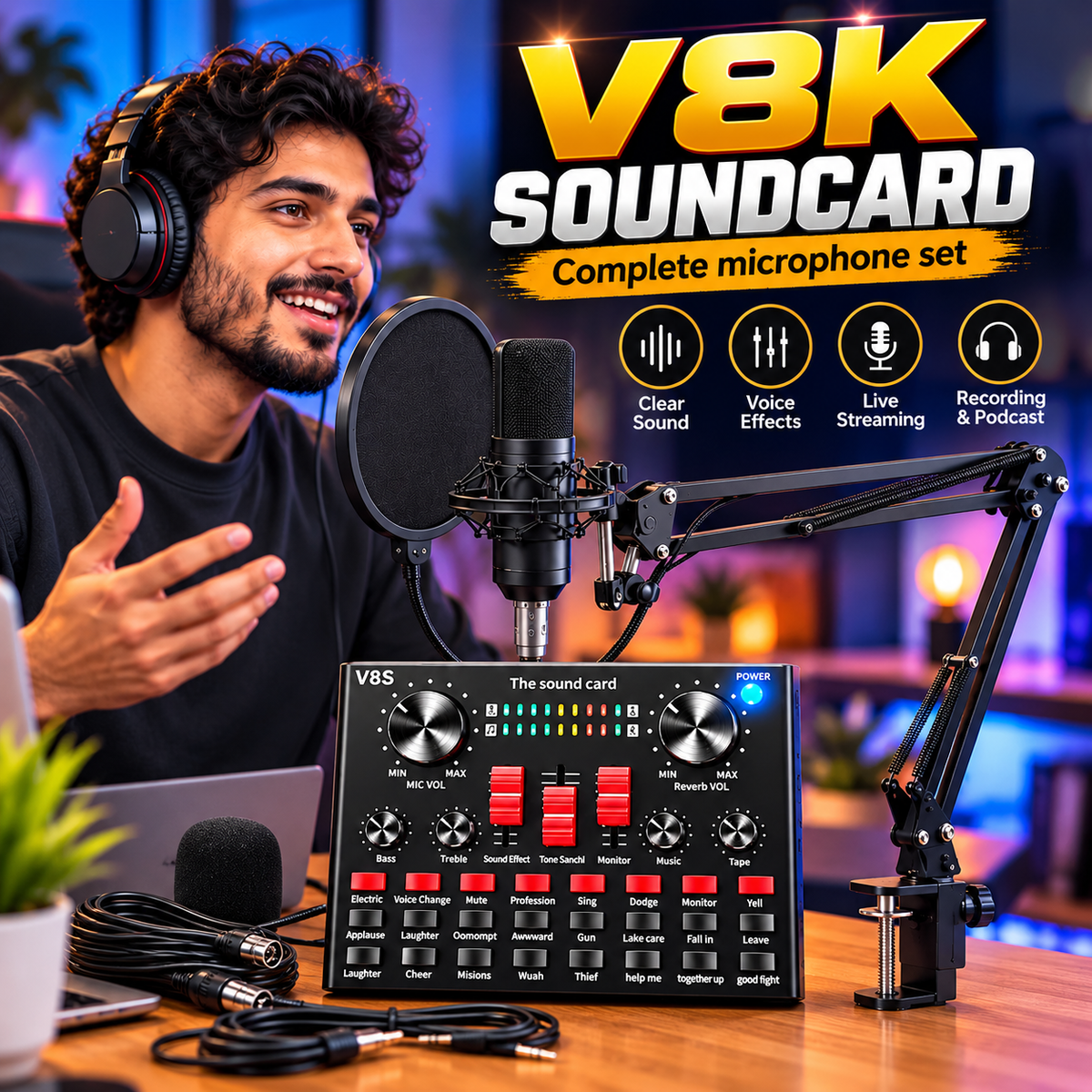 V8K Live Sound Card, BM800 Condenser Microphone Kit, Professional Audio Interface with High Fidelity Sound, USB Connection, and Multiple Input/output Options for Live Streaming