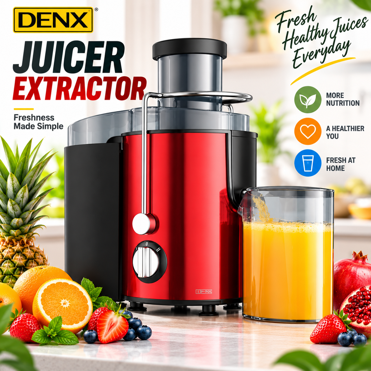 DENX  DX2071 Juicer Extractor – 800W Powerful Juice Maker Powerful Centrifugal Fruit & Vegetable Juice Extractor with Wide Mouth Feed Chute, 500ml Capacity, Stainless Steel Filter