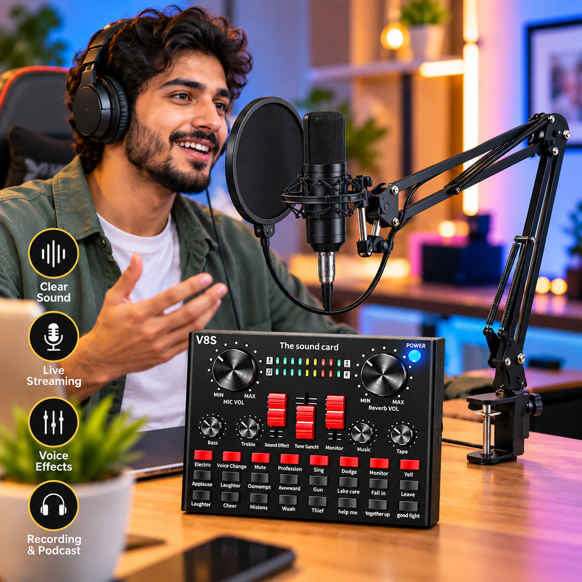 V8K Live Sound Card, BM800 Condenser Microphone Kit, Professional Audio Interface with High Fidelity Sound, USB Connection, and Multiple Input/output Options for Live Streaming