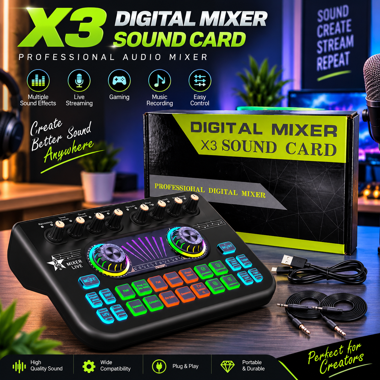 X3 Digital Audio Mixer – Live Sound Card with Voice Changer Noise Reduction, Compatible with 3.5mm/6.35mm Microphones, Adjustable Reverb Custom Sound Effects for Streaming, Gaming Podcasting
