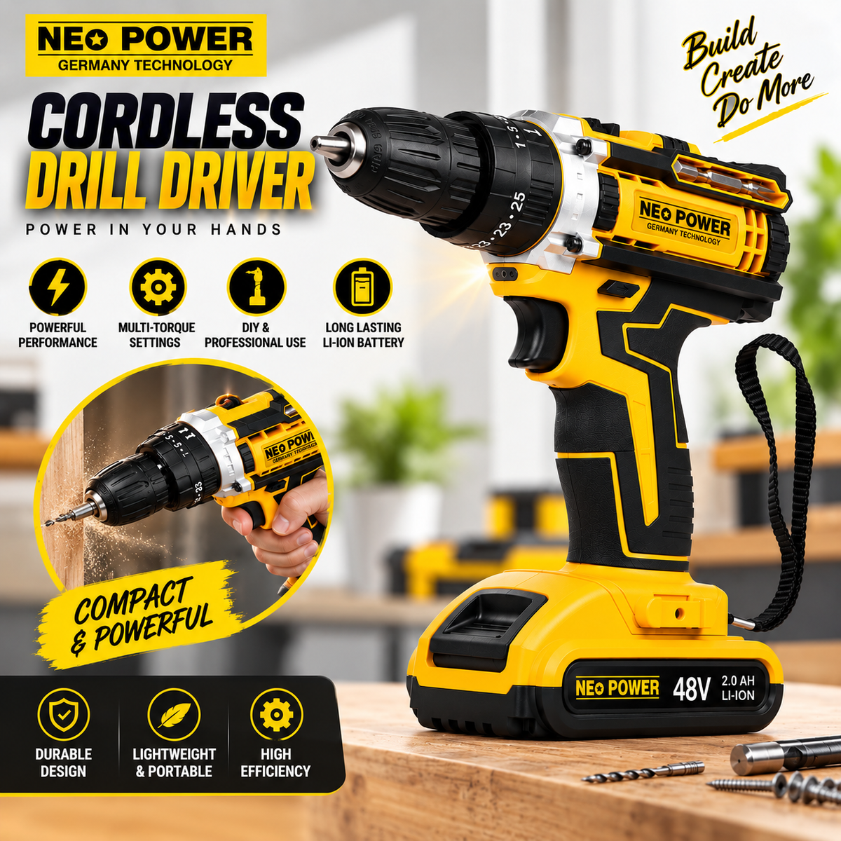 Neo Power 48V Cordless Power Drill Set – 2 Batteries, Charger & 28-Piece Tool Kit | Germany Technology