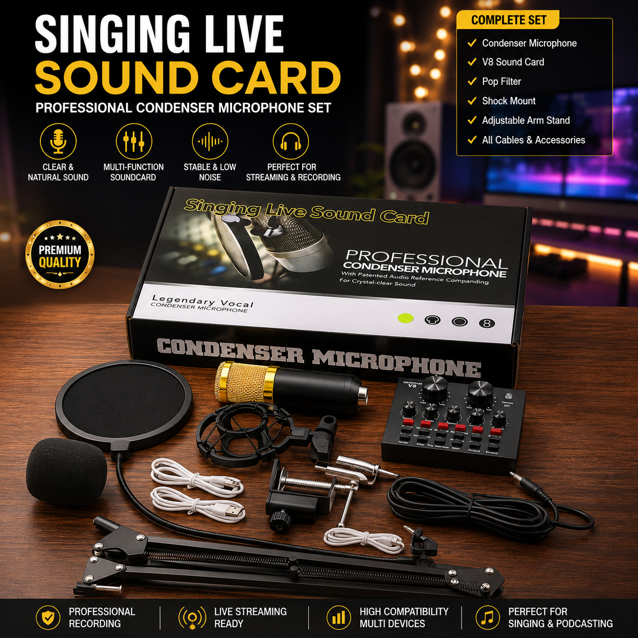 Combo Offer | V8 Sound Card+ BM800 Condenser Microphone -Set with Free P47 Headset Bundle Pack