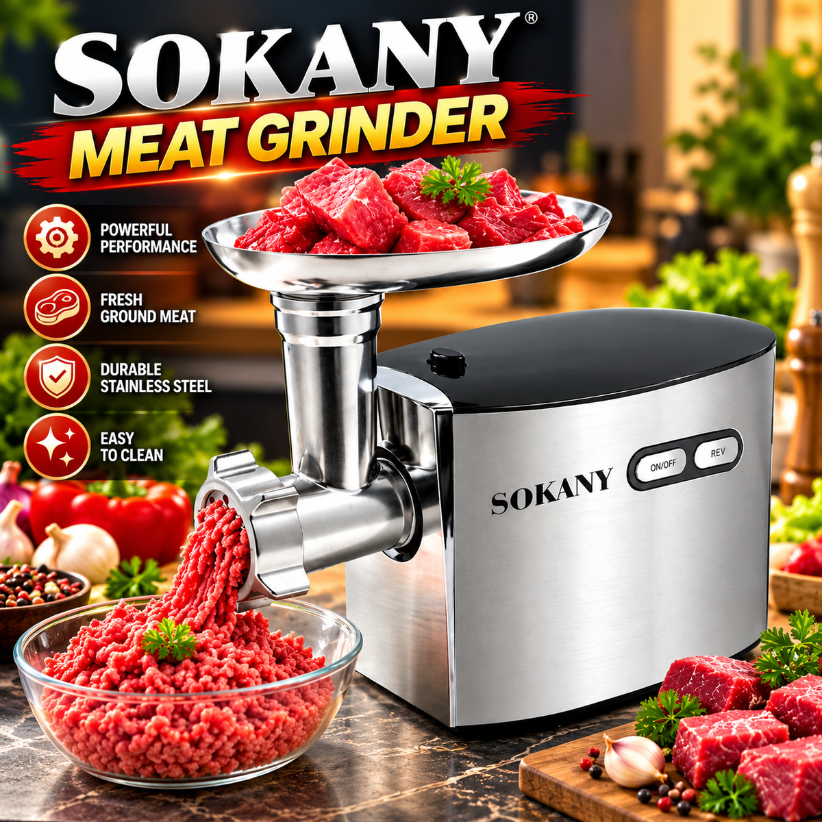 SOKANY SK-091 Meat Grinder – High Quality 2500W Electric Meat Mincer with Sausage Maker & Multiple Attachments,Stainless Steel  Housing