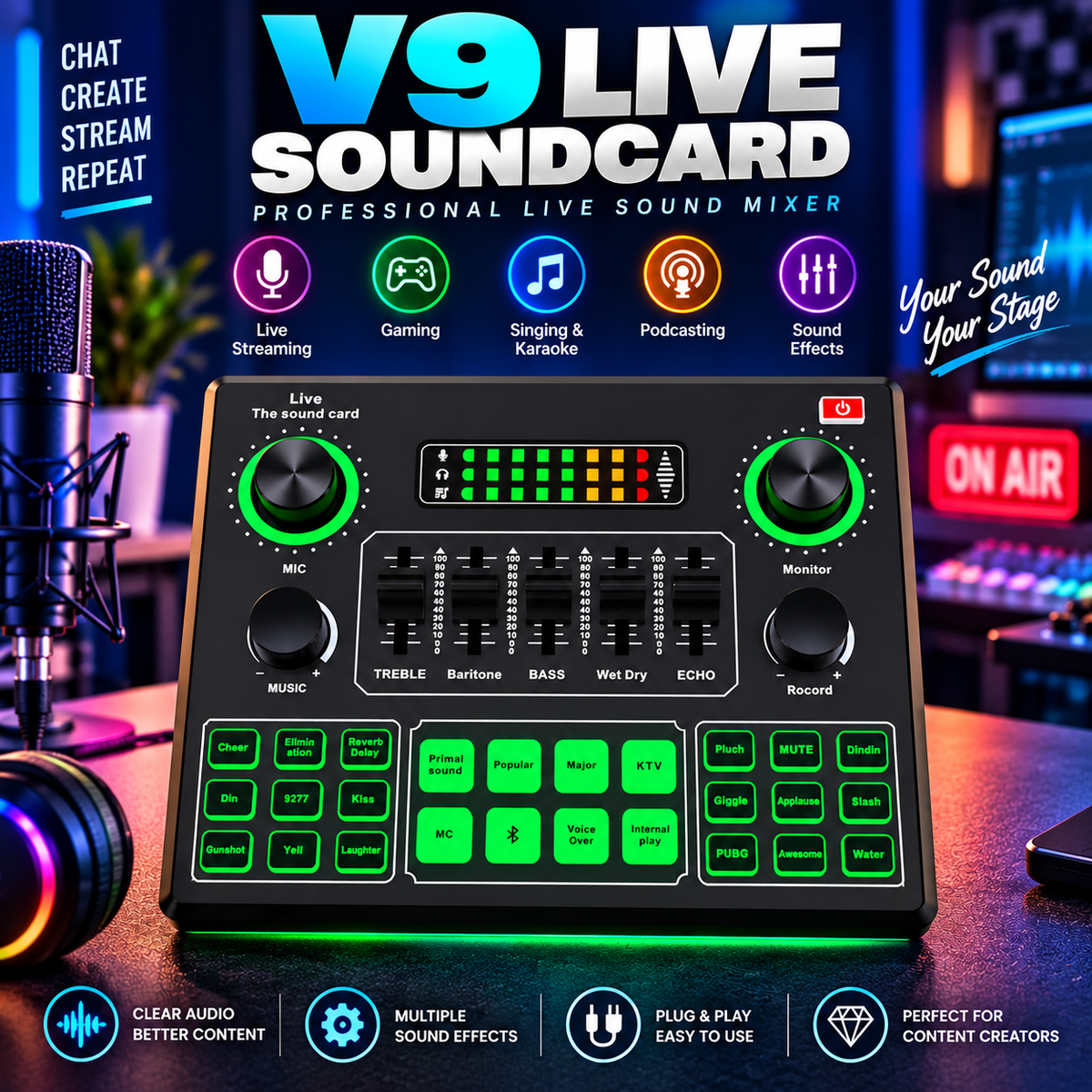 V9 Live Sound Card  Professional Audio Mixer for Live Streaming, Gaming & Karaoke ,Broadcast Audio Interface, External Stereo Audio Mixer Broadcast Bluetooth Sound Mixer Live Sound Card
