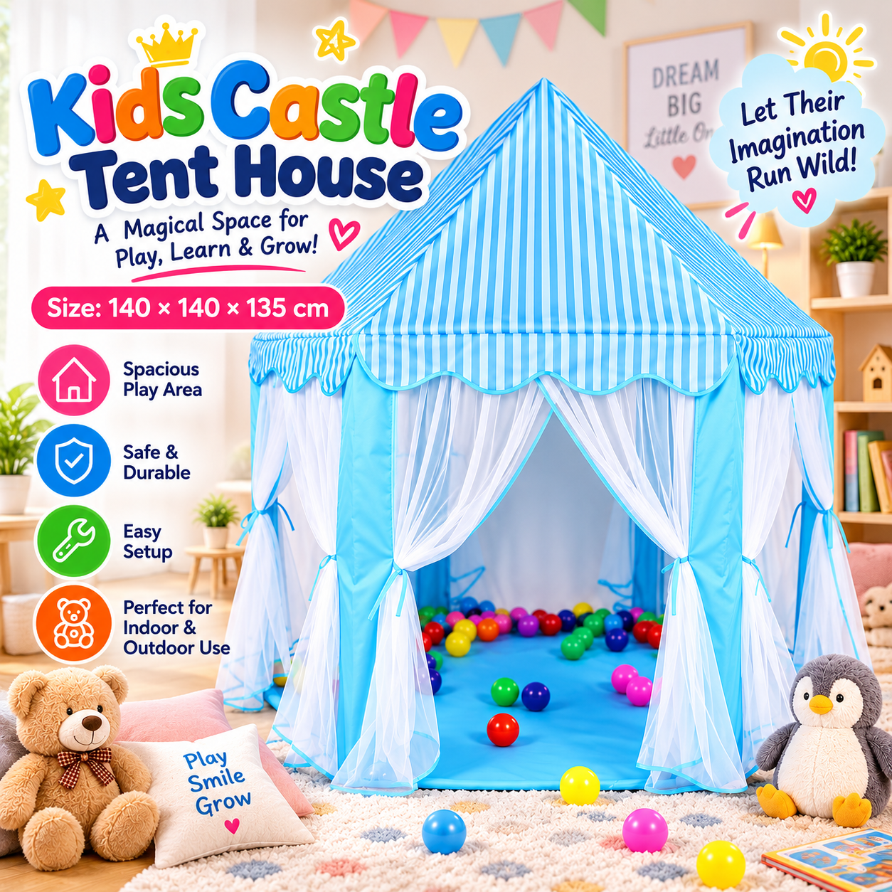Kids Princess Castle Tent with Ball Pit – Indoor & Outdoor Play House