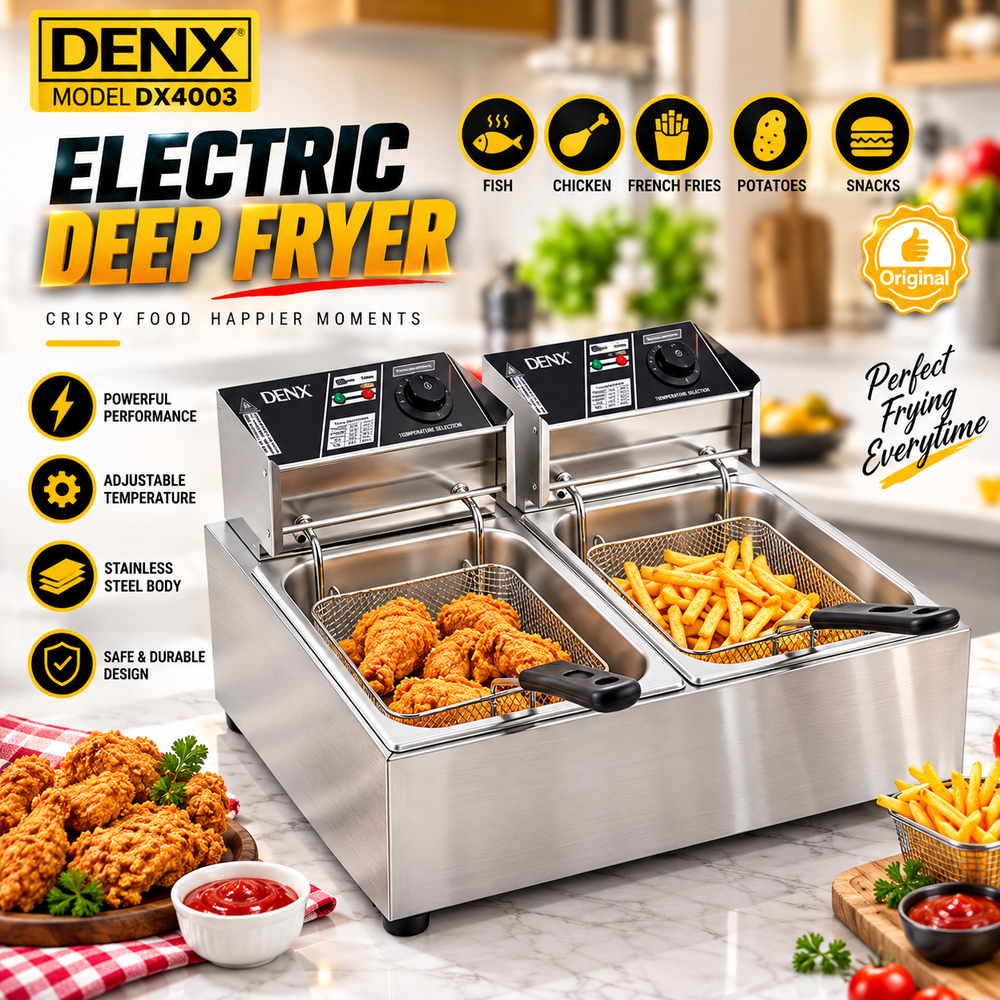 DENX DX4003 Electric Deep Oil Fryer With Double Basket 6L, 2500W Jumbo Size Adjustable Temperature & Timer, Removable Oil Container