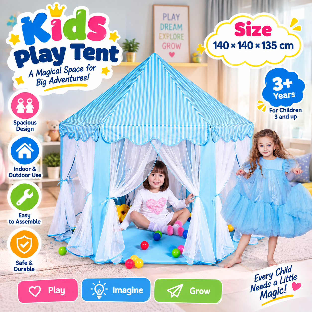 Kids Princess Castle Tent with Ball Pit – Indoor & Outdoor Play House