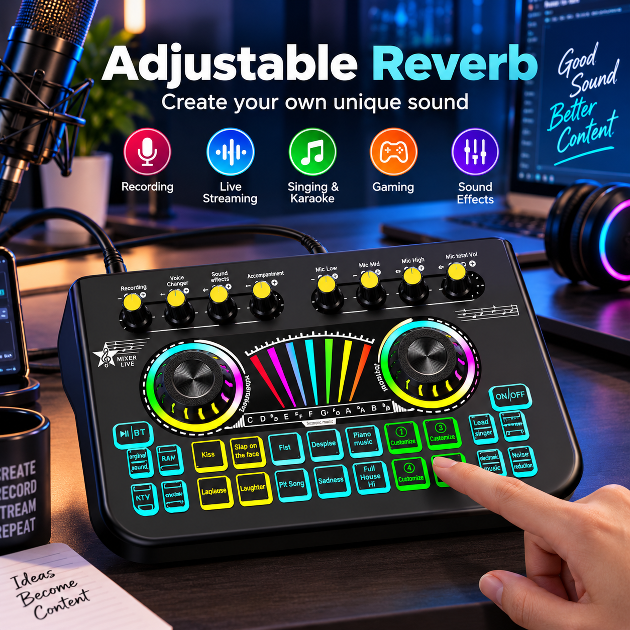 X3 Digital Audio Mixer – Live Sound Card with Voice Changer Noise Reduction, Compatible with 3.5mm/6.35mm Microphones, Adjustable Reverb Custom Sound Effects for Streaming, Gaming Podcasting