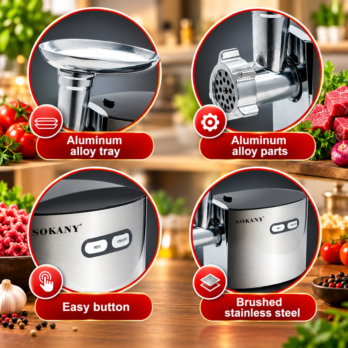 SOKANY SK-091 Meat Grinder – High Quality 2500W Electric Meat Mincer with Sausage Maker & Multiple Attachments,Stainless Steel  Housing