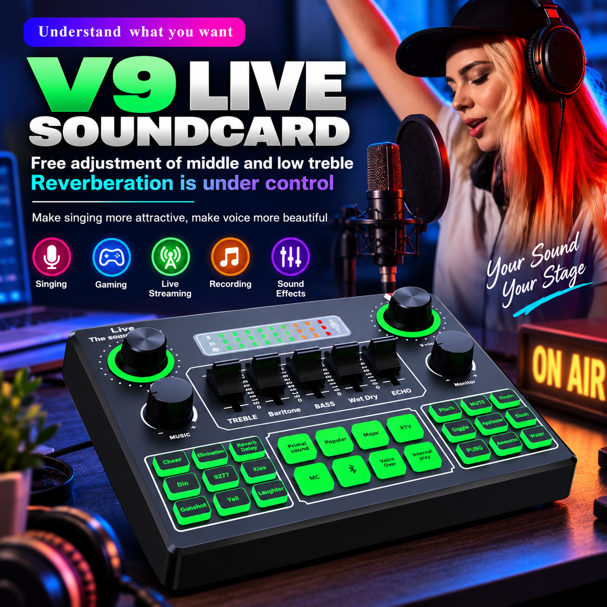 V9 Live Sound Card  Professional Audio Mixer for Live Streaming, Gaming & Karaoke ,Broadcast Audio Interface, External Stereo Audio Mixer Broadcast Bluetooth Sound Mixer Live Sound Card
