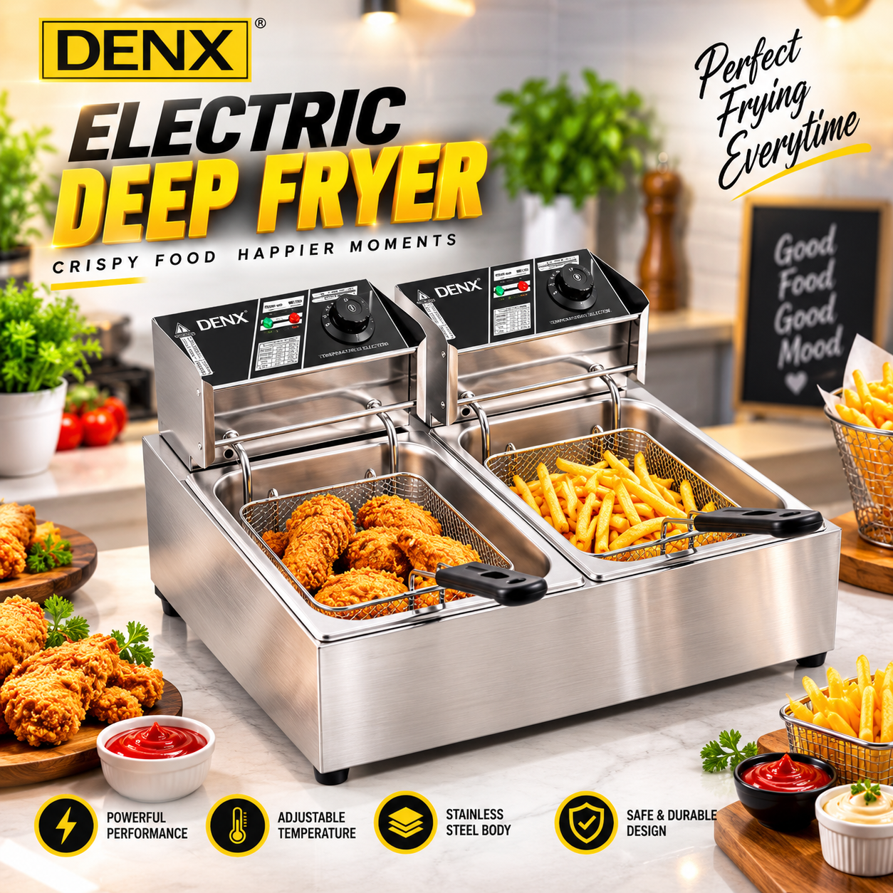 DENX DX4003 Electric Deep Oil Fryer With Double Basket 6L, 2500W Jumbo Size Adjustable Temperature & Timer, Removable Oil Container