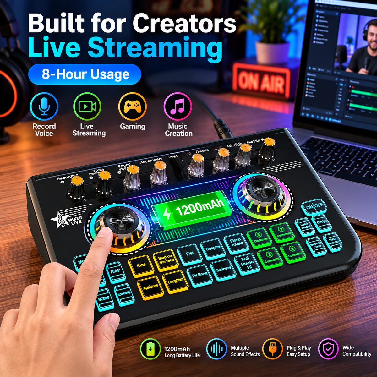 X3 Digital Audio Mixer – Live Sound Card with Voice Changer Noise Reduction, Compatible with 3.5mm/6.35mm Microphones, Adjustable Reverb Custom Sound Effects for Streaming, Gaming Podcasting