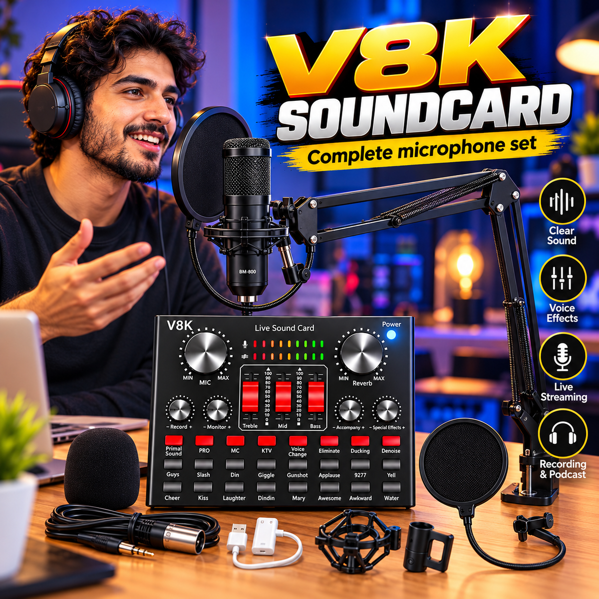 V8K Live Sound Card, BM800 Condenser Microphone Kit, Professional Audio Interface with High Fidelity Sound, USB Connection, and Multiple Input/output Options for Live Streaming