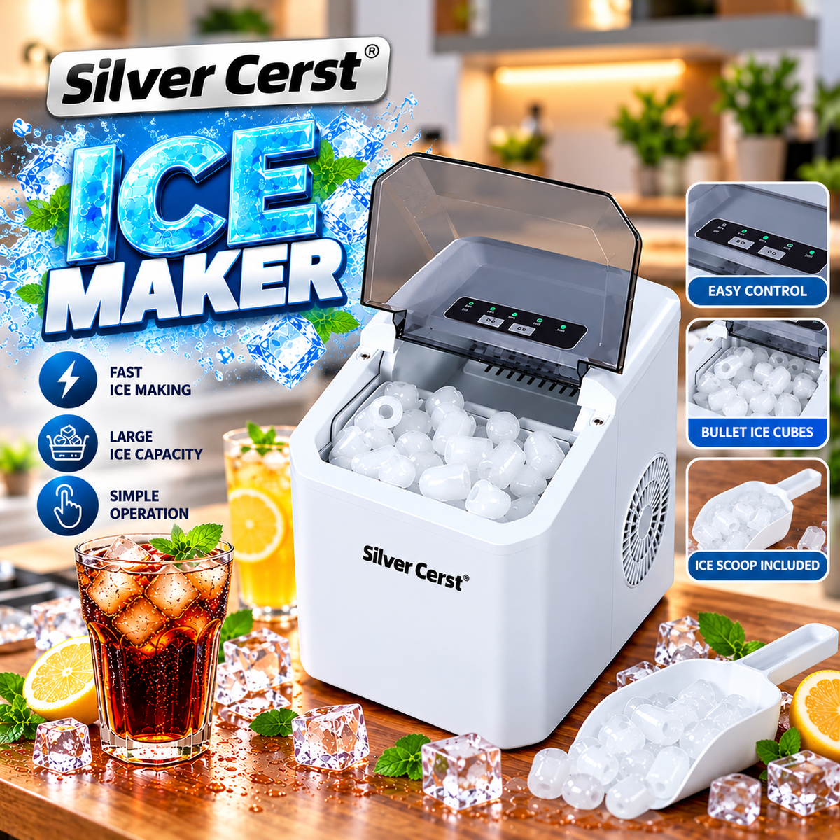 Silver Cerst Automatic Ice Maker Machine 150w – Bullet Ice Machine, Adjustable Ice Size, 1.5L Water Tank | 25007