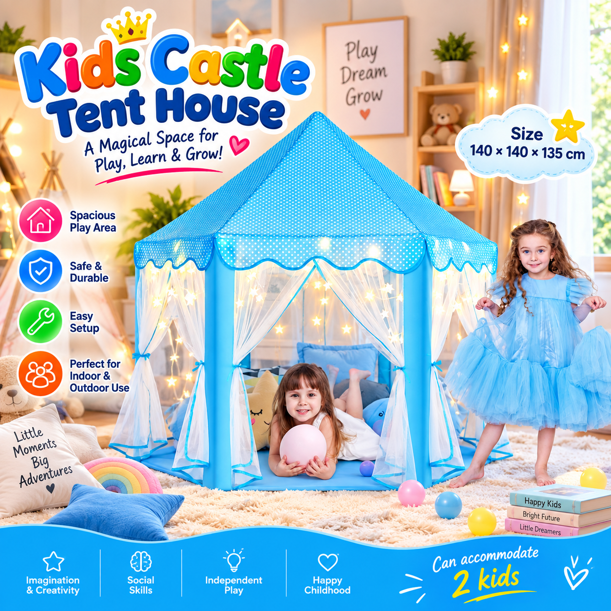Kids Princess Castle Tent with Ball Pit – Indoor & Outdoor Play House