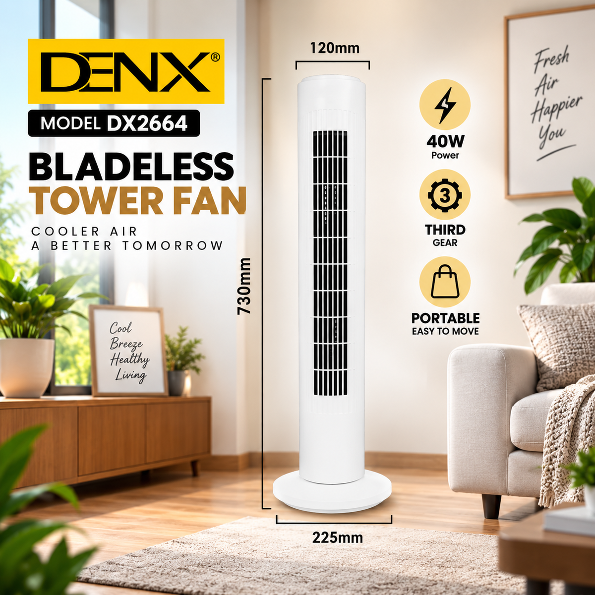 Denx DX2664 Bladeless Tower Fan, 40W, 3 Speed Levels, Wide Oscillation, Portable Design, Safe for All Ages, 220-240V, Energy Saving