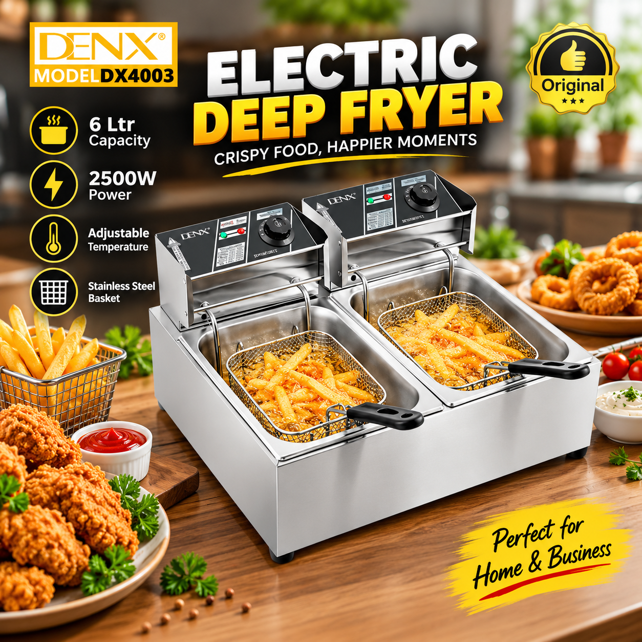 DENX DX4003 Electric Deep Oil Fryer With Double Basket 6L, 2500W Jumbo Size Adjustable Temperature & Timer, Removable Oil Container