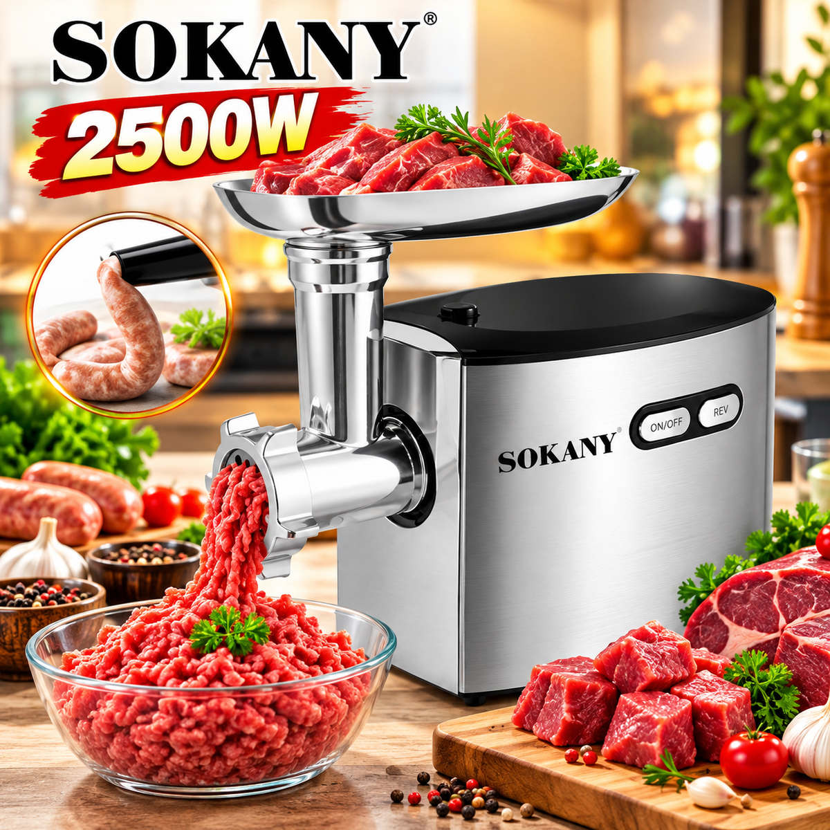 SOKANY SK-091 Meat Grinder – High Quality 2500W Electric Meat Mincer with Sausage Maker & Multiple Attachments,Stainless Steel  Housing
