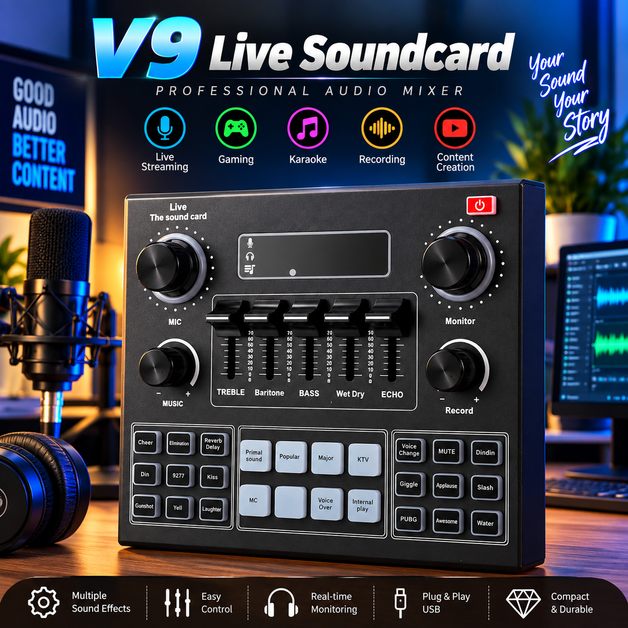 V9 Live Sound Card  Professional Audio Mixer for Live Streaming, Gaming & Karaoke ,Broadcast Audio Interface, External Stereo Audio Mixer Broadcast Bluetooth Sound Mixer Live Sound Card