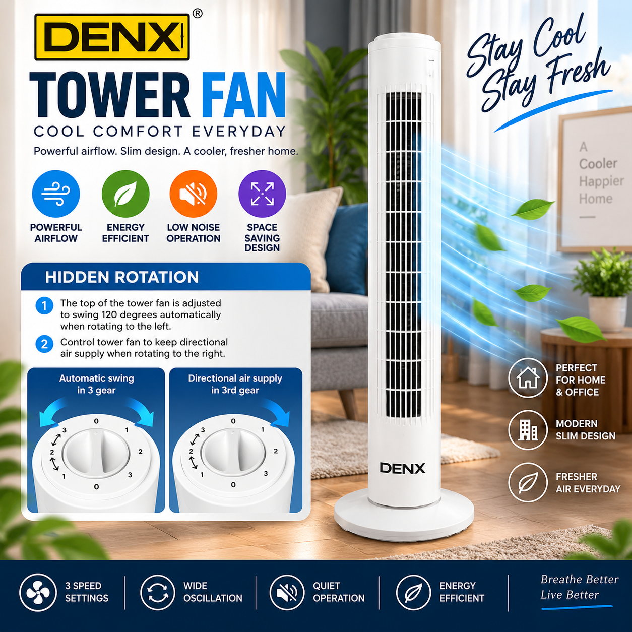 Denx DX2664 Bladeless Tower Fan, 40W, 3 Speed Levels, Wide Oscillation, Portable Design, Safe for All Ages, 220-240V, Energy Saving