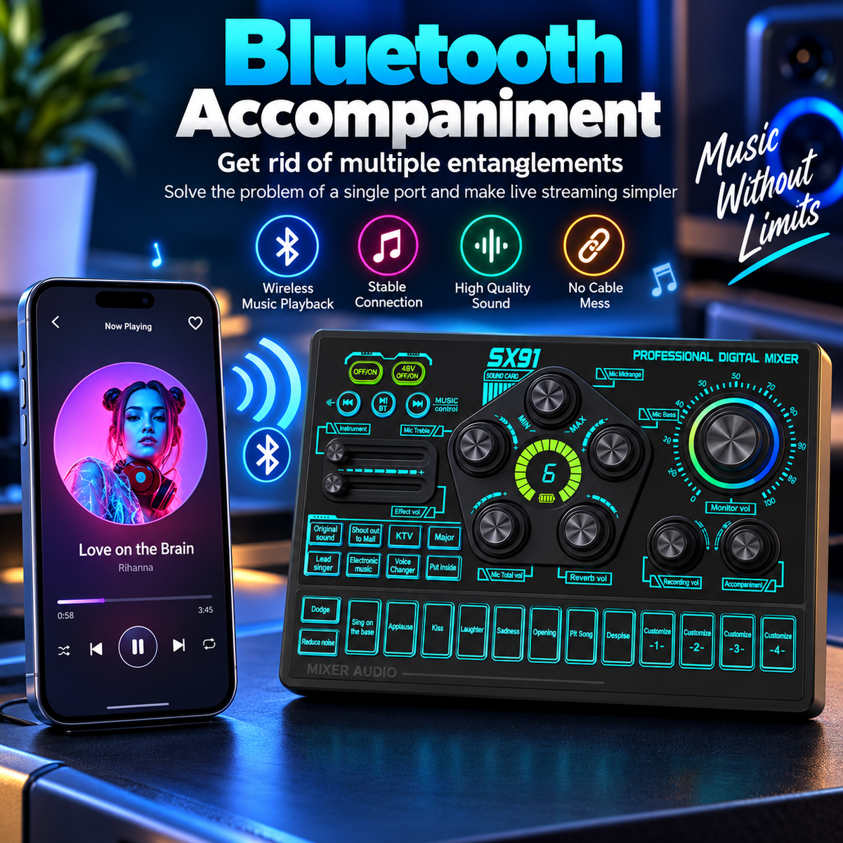 SX91 Professional Digital Mixer Sound Card – Professional Audio Mixing Live Streaming, Karaoke & Recording