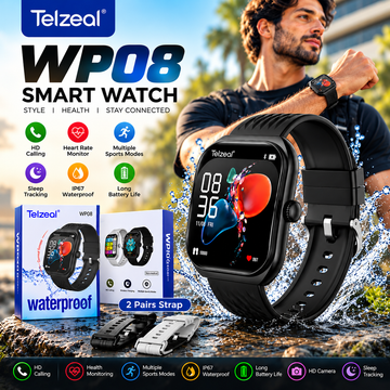 Telzeal WP08 Waterproof Smartwatch with Curved Full-Touch Display, Dual Strap Set (2 Pairs), Stylish & Comfortable Design – Black