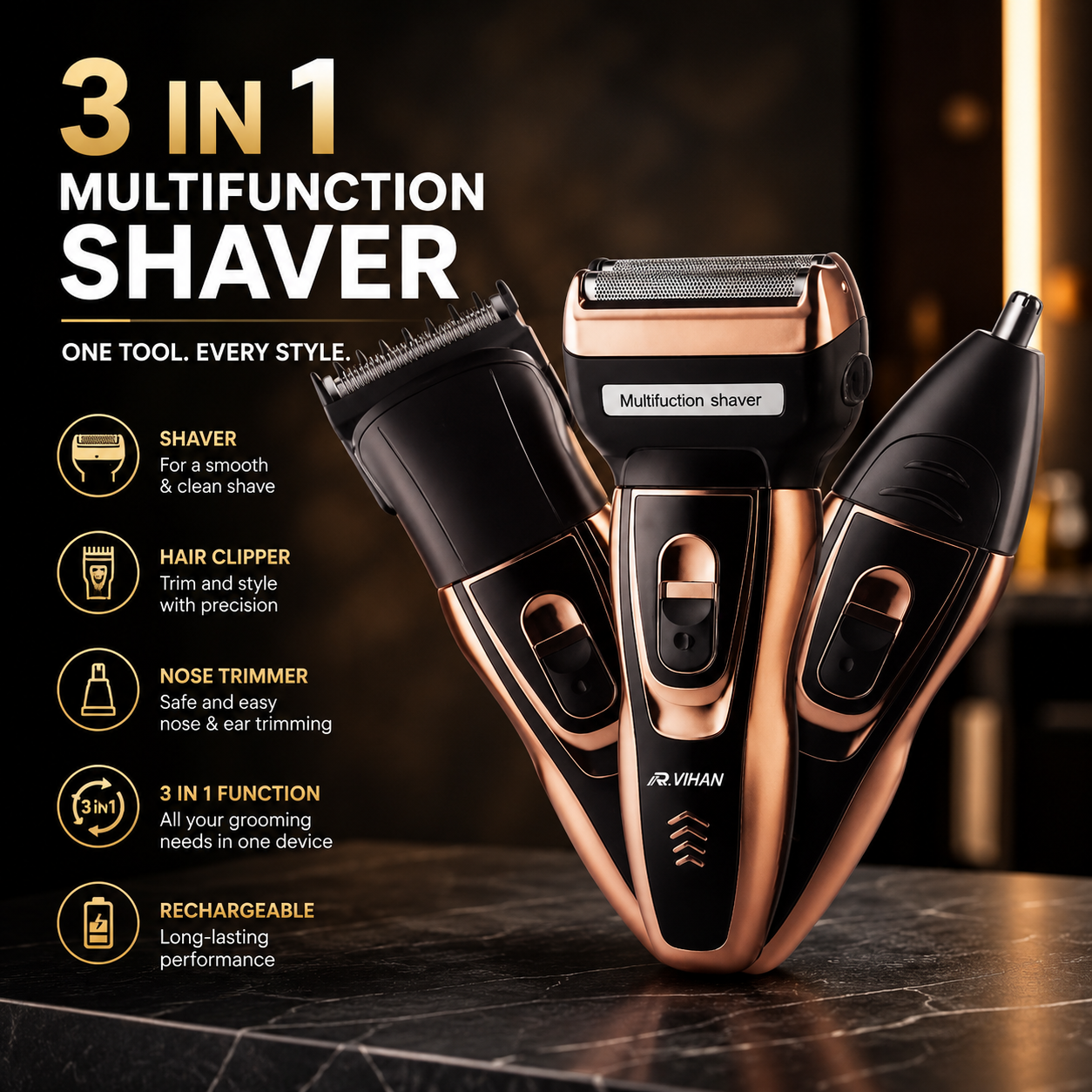 R VIHAN RV-6225 3-in-1 Rechargeable Electric Grooming Kit | Hair Clipper, Foil Shaver & Nose Trimmer
