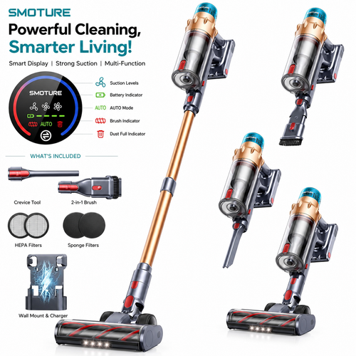 SMOTURE Cordless Vacuum Cleaner, 550W 45KPA Stick Vacuum with Touch Screen, Up to 60 Mins Runtime, Self-Standing Vacuum with Auto Mode.