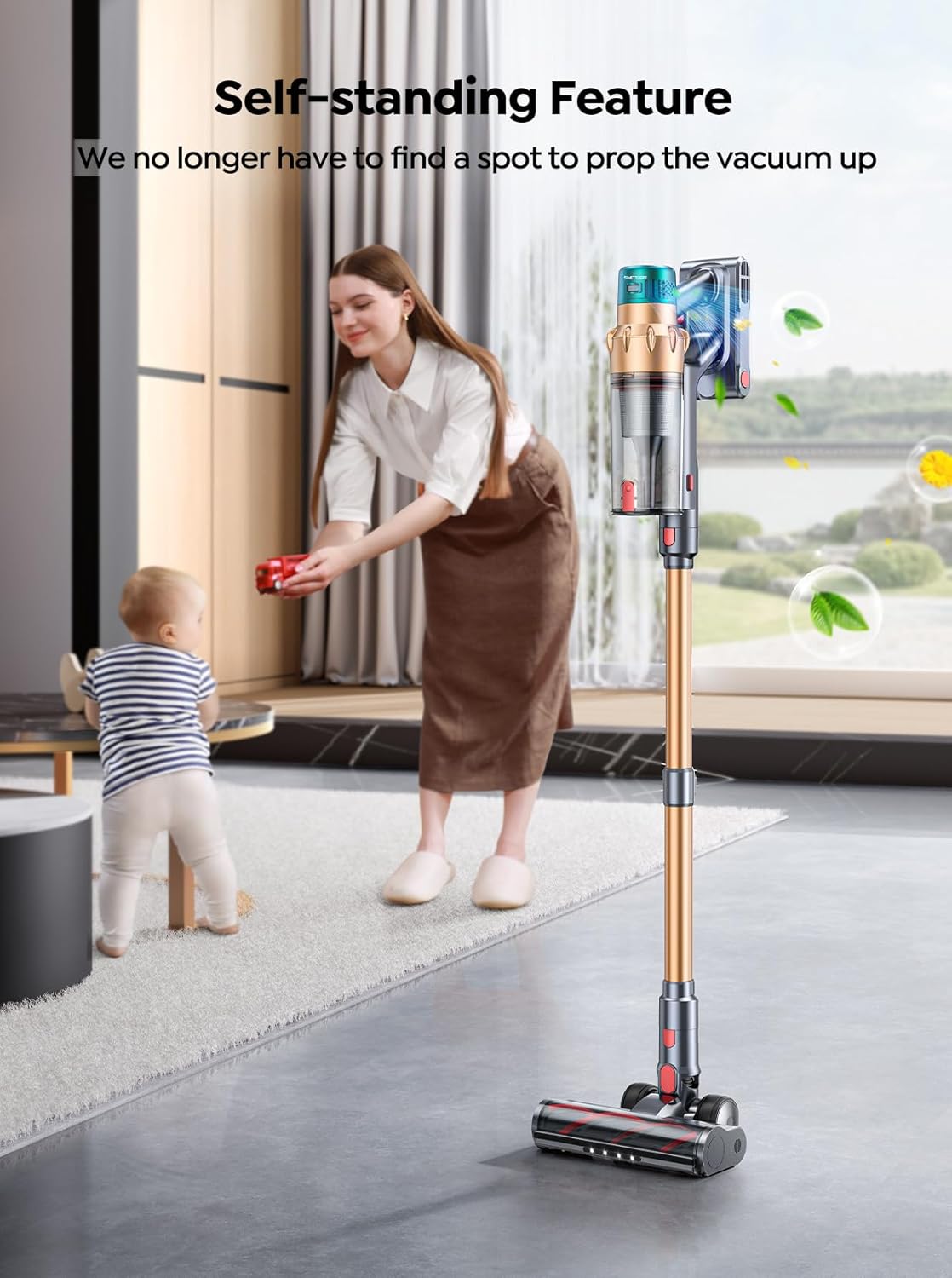 SMOTURE Cordless Vacuum Cleaner, 550W 45KPA Stick Vacuum with Touch Screen, Up to 60 Mins Runtime, Self-Standing Vacuum with Auto Mode.