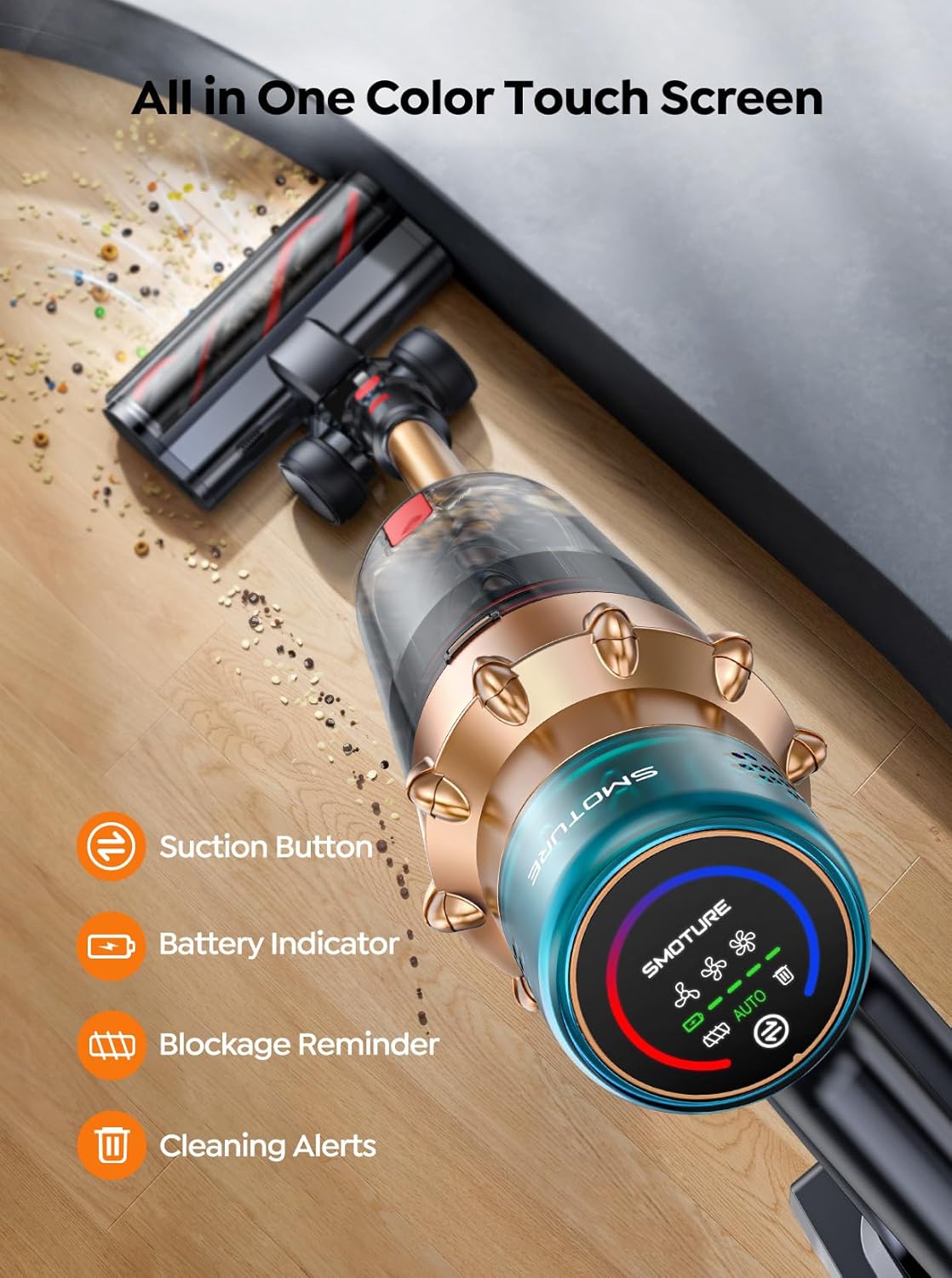 SMOTURE Cordless Vacuum Cleaner, 550W 45KPA Stick Vacuum with Touch Screen, Up to 60 Mins Runtime, Self-Standing Vacuum with Auto Mode.