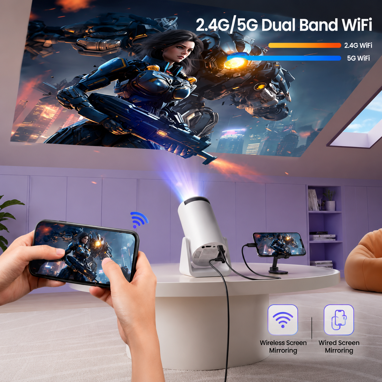 WIMUS S27 Mini Smart Projector | Full HD 1080P | Dual Band 2.4G/5G WiFi | Bluetooth 5.2 | Auto Keystone | 270° Rotatable