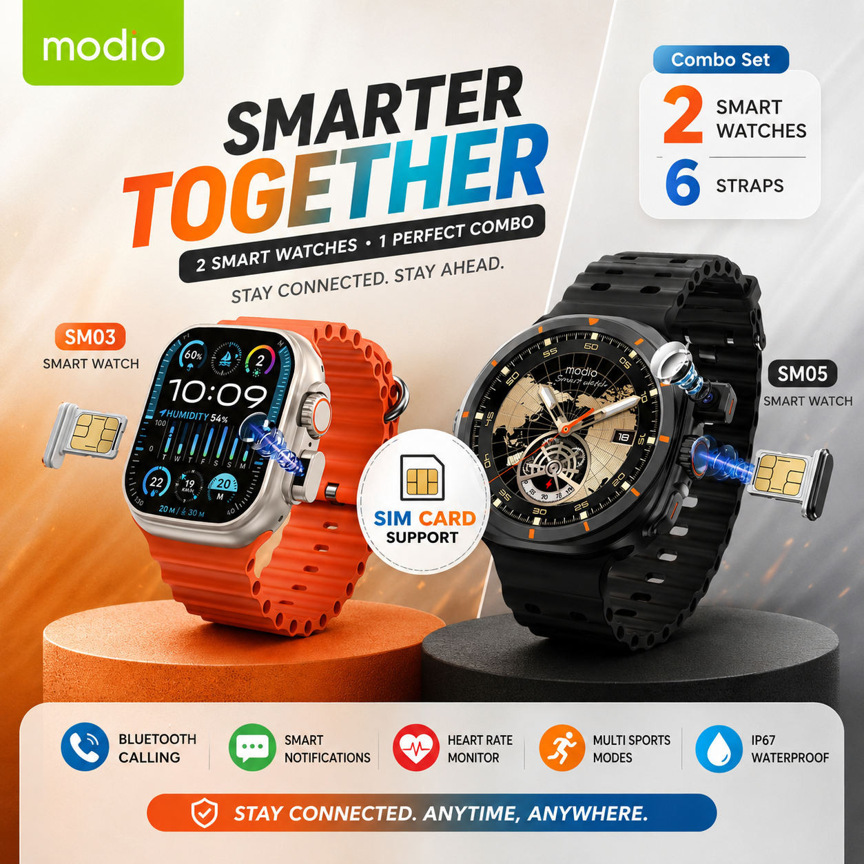 Combo Deal | Modio SM03 & SM05 Smart Watch Combo – 2 Watches with SIM Support & 6 Straps