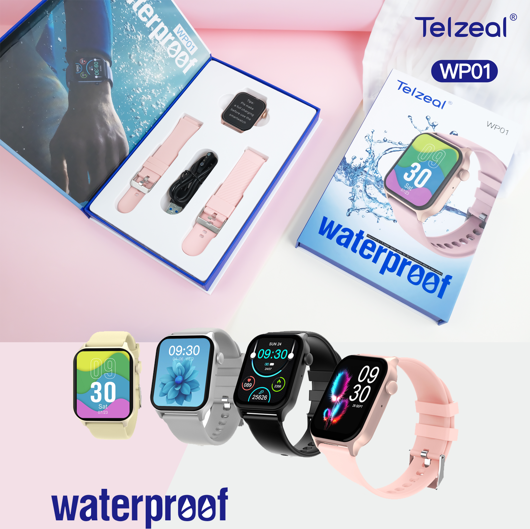Telzeal WP01 Waterproof Smart Watch with Full‑Touch Display, IP‑68 Water Resistance, Health Monitoring – Stylish Unisex Design