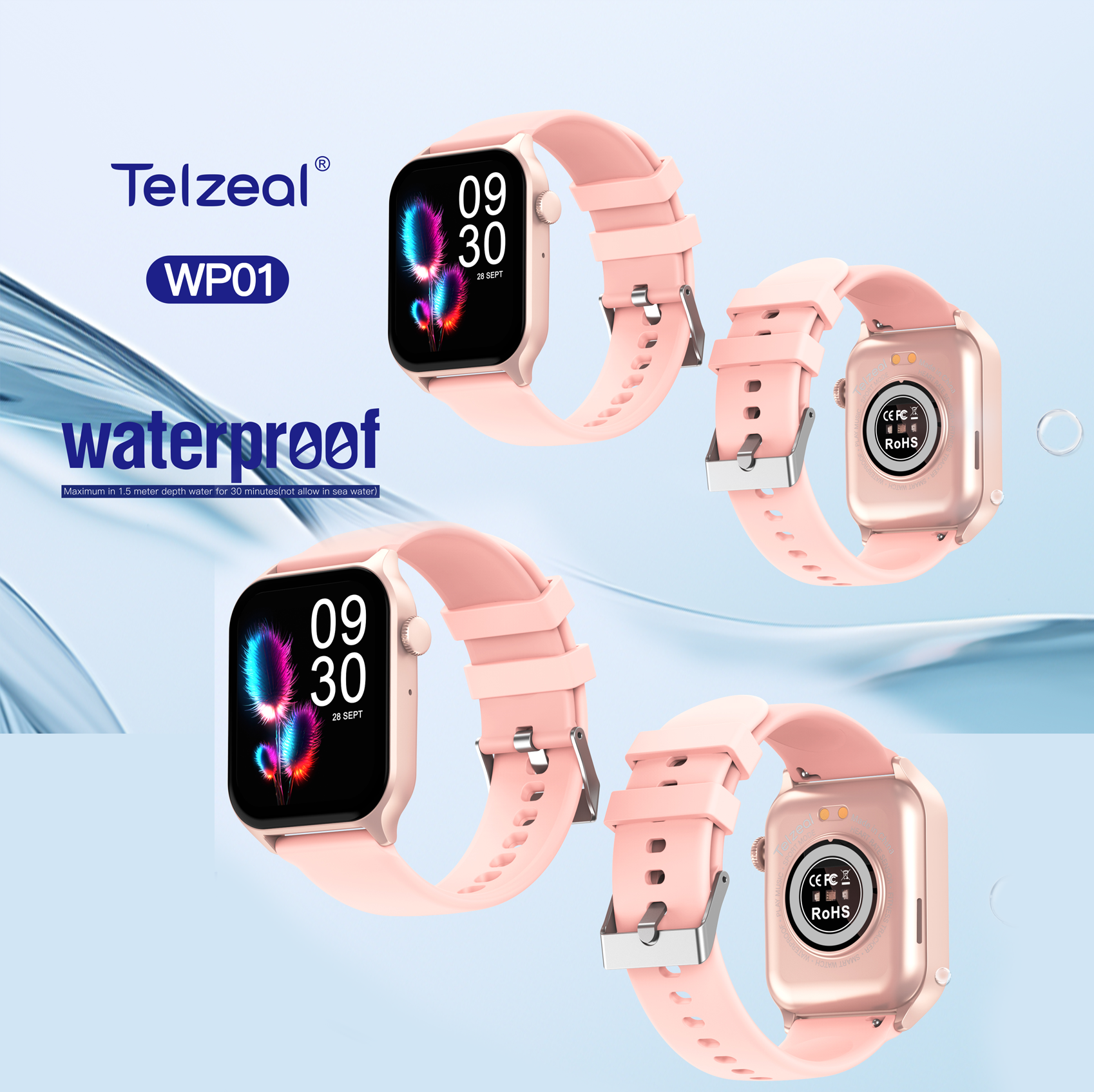 Telzeal WP01 Waterproof Smart Watch with Full‑Touch Display, IP‑68 Water Resistance, Health Monitoring – Stylish Unisex Design