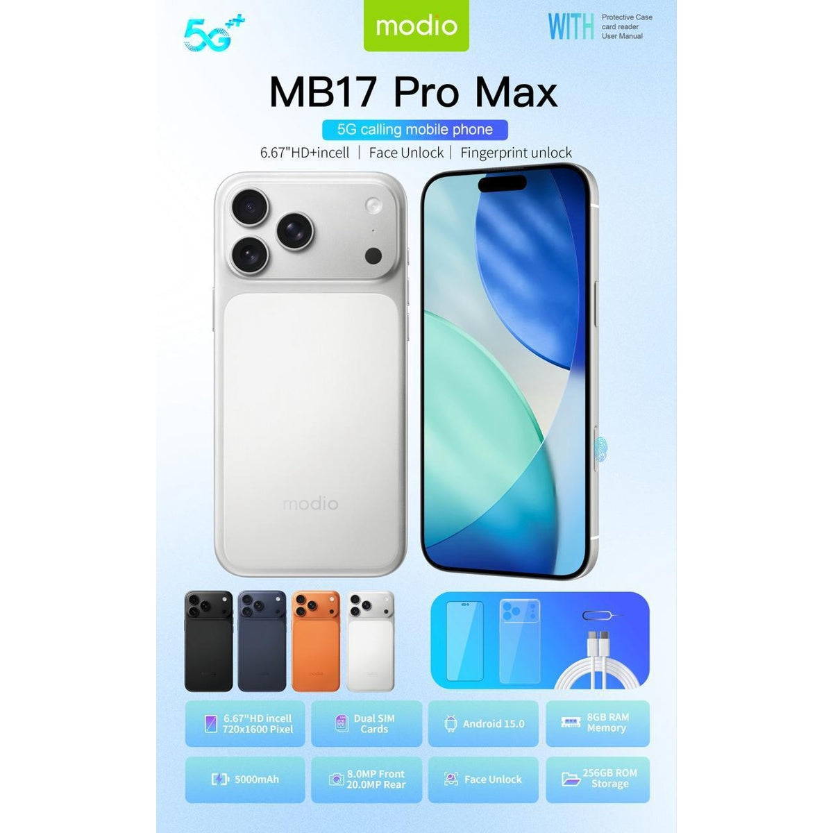Modio MB17 Pro Max 5G Phone - 6.67-inch HD Display, 8GB RAM, 256GB ROM | Orange