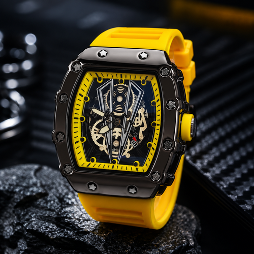 Luxury Skeleton Dial Men's Watch – Premium Silicone Strap, Quartz Analog Wristwatch, Sport Fashion Watch | Yellow