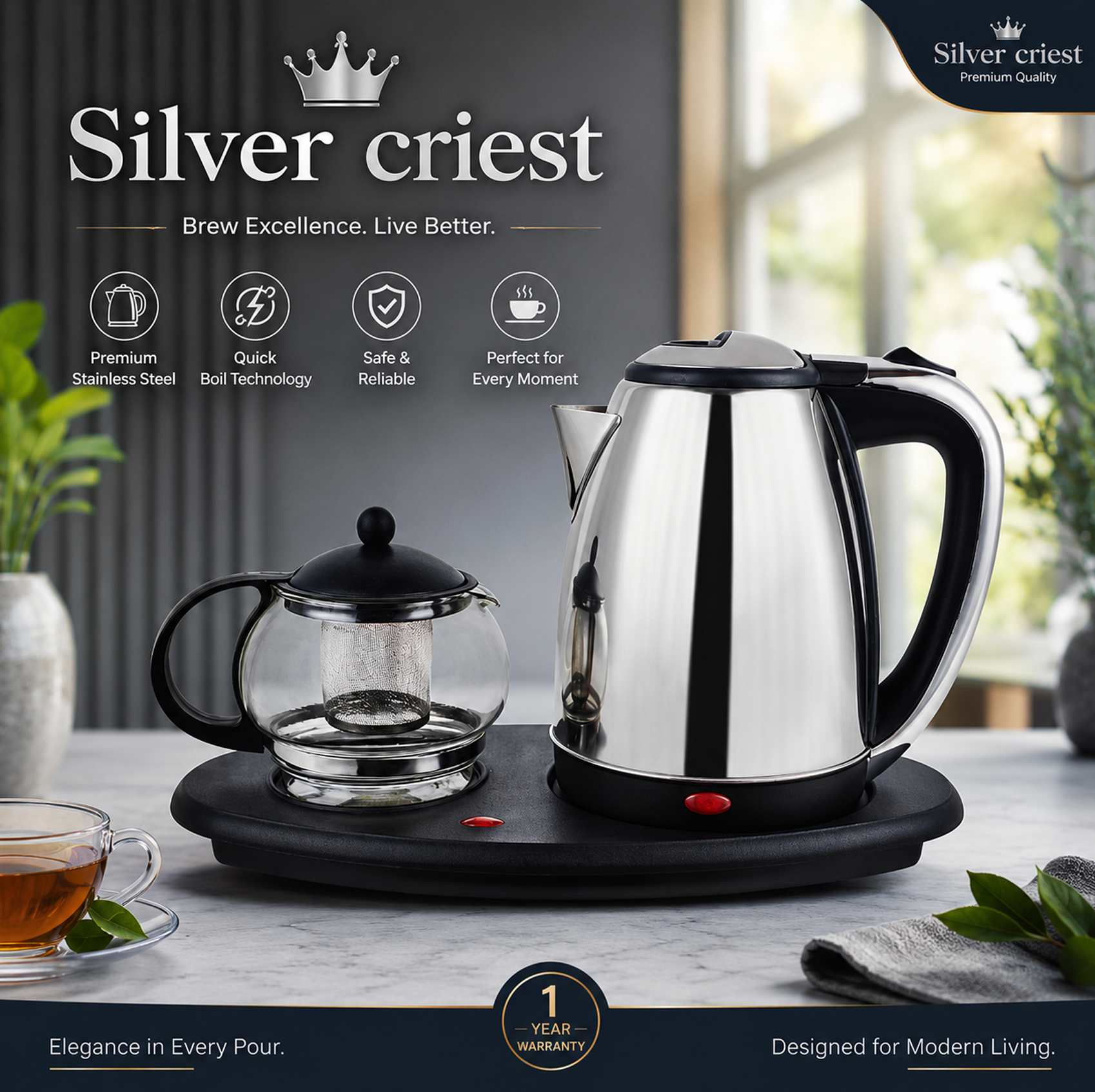 Silver Criest  Electric Kettle Steel 2 Liter And Glass Teapot with Infuser and Tea Maker Tray, Fast Boil for Hotels, Home and Office, Auto Shut Off, Dry Protection