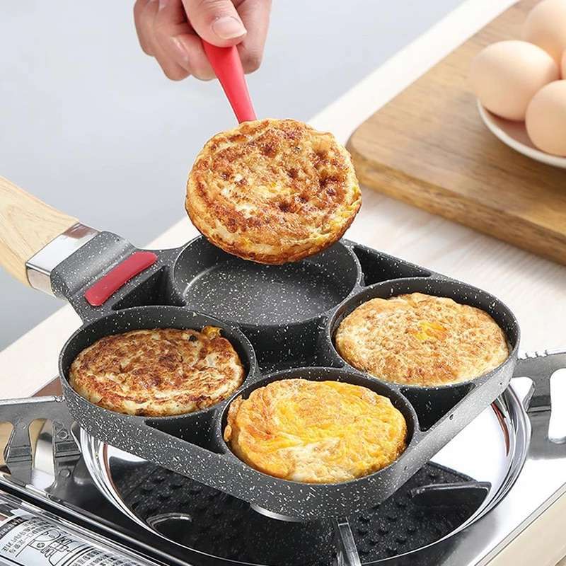 Non-Stick Egg Frying Pan with Wooden Handle - 4 Holes for Pancakes,  Omelets, and Burgers - Suitable for Induction Cookers and Gas Stoves -  Perfect for Home Cooking and Breakfast Recipes 