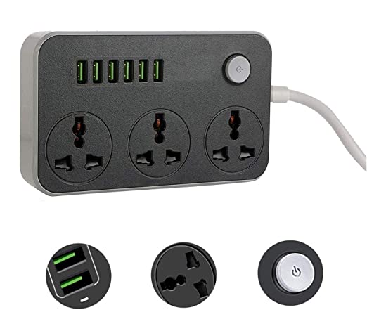 Power Extension Board, 10 Amp, 3 Outlets & 6 USB Ports with Switch Control